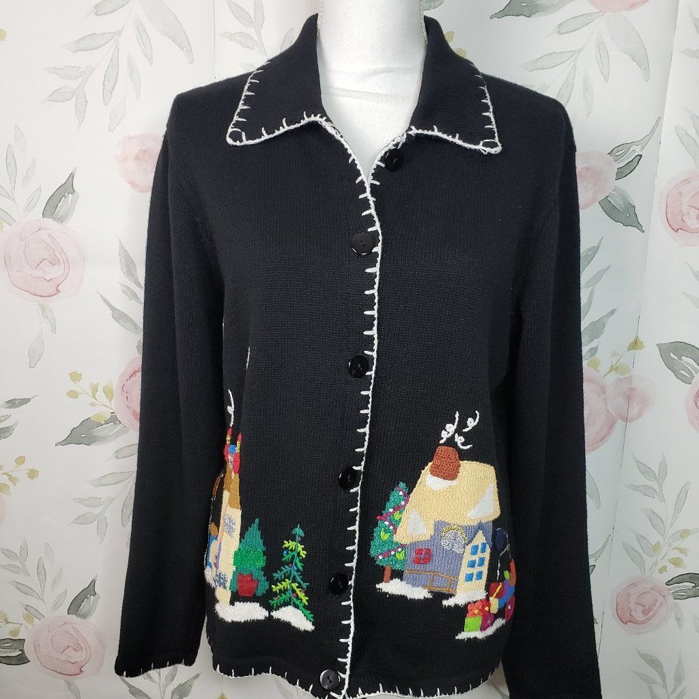Vintage In Stitches Black Knit Holiday Christmas Cardigan Sweater womens L large